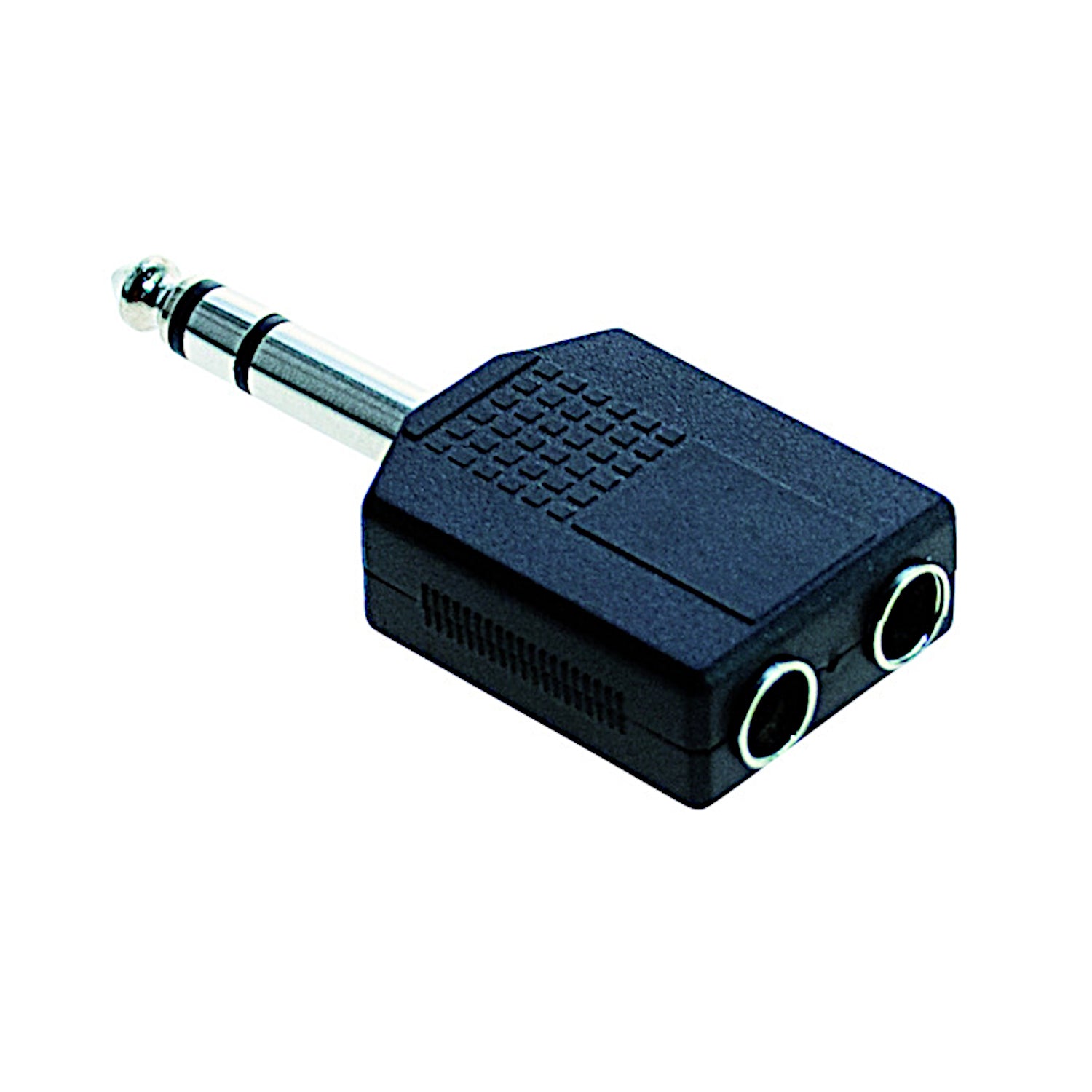 Sdoppiatore audio stereo con una spina jack maschio 6.3mm e due prese jack femmina 6.3mm con corpo in plastica nera, ideale per studi di registrazione e musicisti.