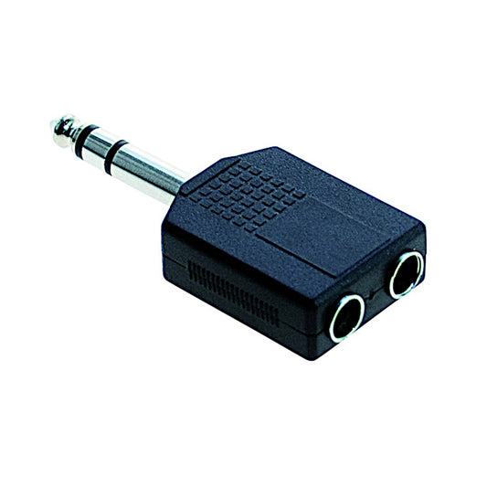 Sdoppiatore audio stereo con una spina jack maschio 6.3mm e due prese jack femmina 6.3mm con corpo in plastica nera, ideale per studi di registrazione e musicisti.