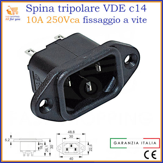 Spina di alimentazione tripolare IEC C14 maschio da pannello in plastica nera, con fori per fissaggio a vite e terminali a saldare, certificata VDE e UL.