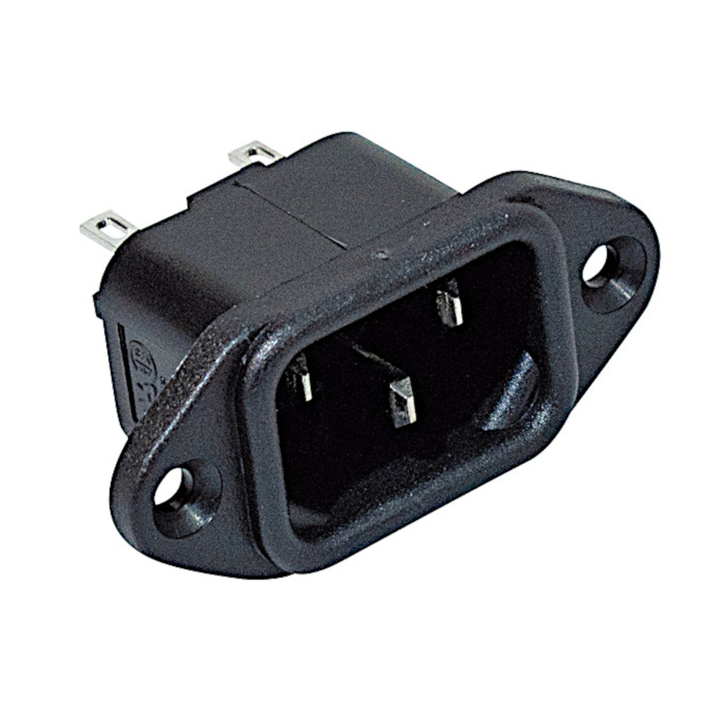 Spina di alimentazione tripolare IEC C14 da pannello 10A 250V con fissaggio a vite, corpo in nylon autoestinguente e certificazione VDE e UL.