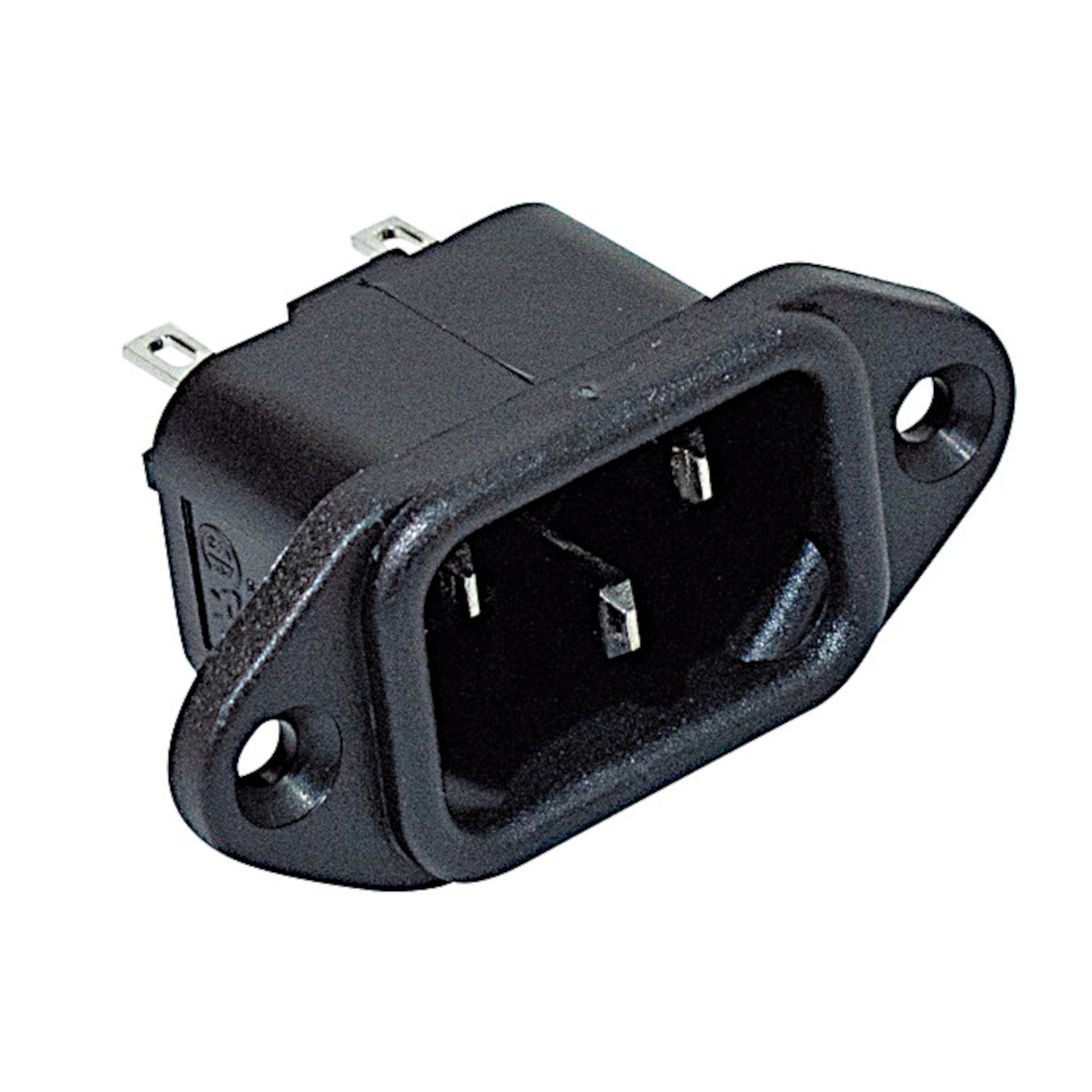 Spina di alimentazione tripolare IEC C14 da pannello 10A 250V con fissaggio a vite, corpo in nylon autoestinguente e certificazione VDE e UL.
