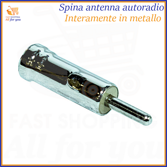 Spina antenna autoradio DIN maschio interamente in metallo lucido, vista in prospettiva.