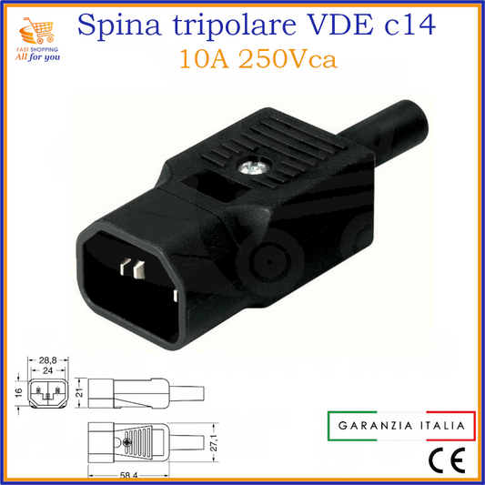 Spina tripolare VDE C14 volante 10A 250V per alimentazione PC e apparecchi, certificata CE.