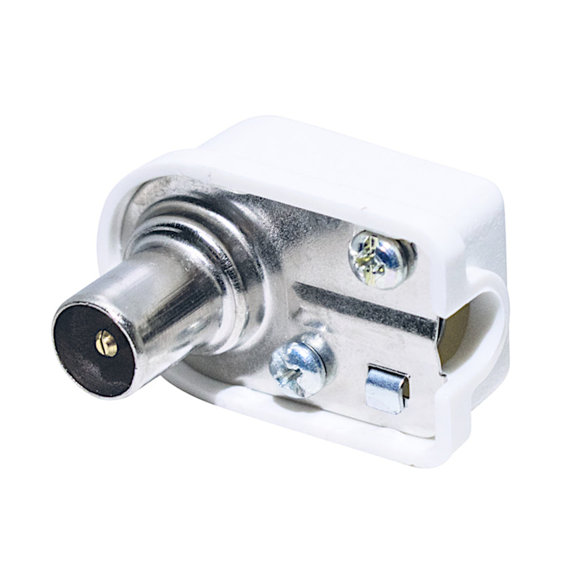 Spina coassiale TV 75 Ohm da 9,5 mm angolare volante bianca Made in Italy per antenne e decoder