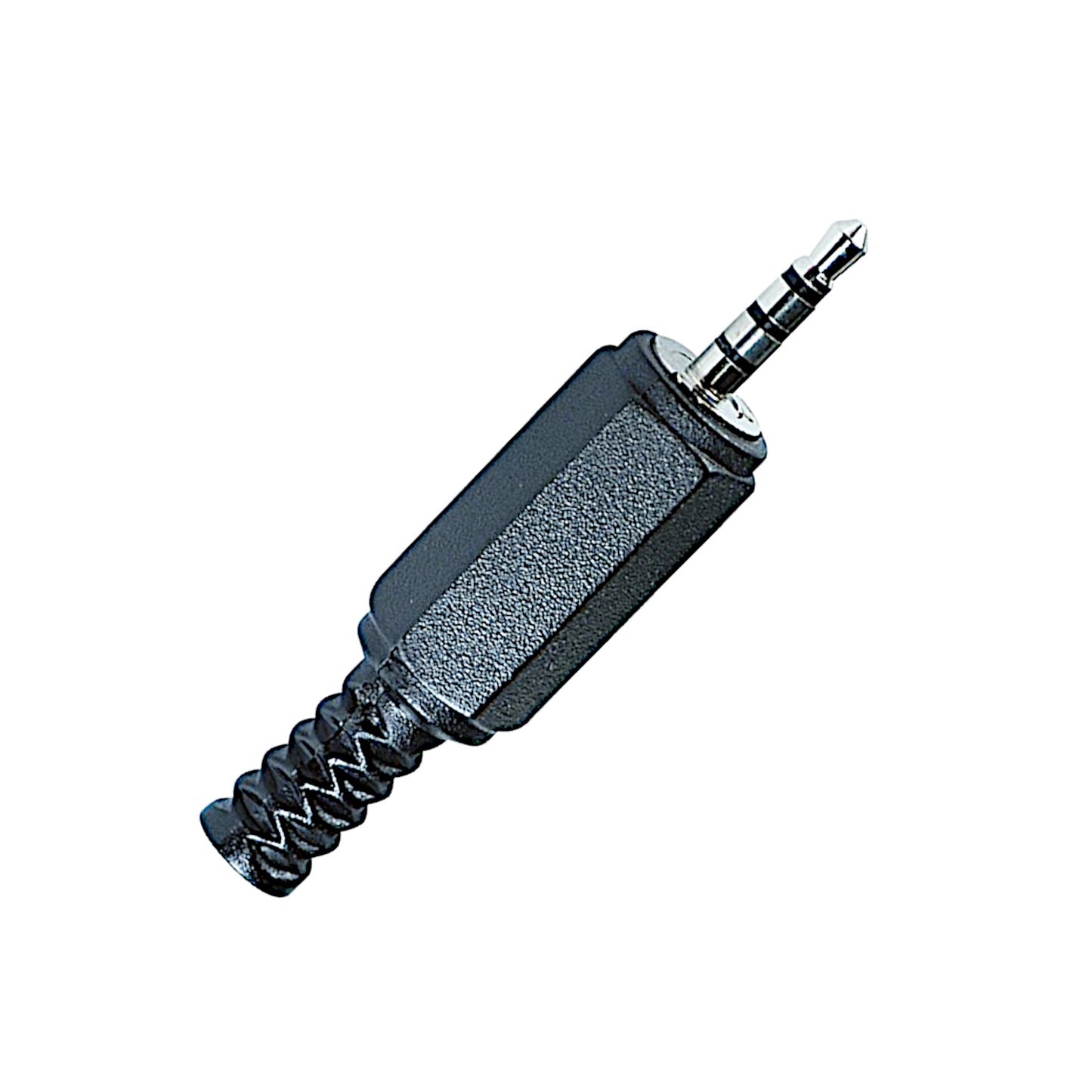 Spina jack audio professionale da 2.5 mm a 4 poli con corpo in metallo, cappuccio in PVC e guidacavo integrato, ideale per cuffie con microfono e dispositivi portatili.