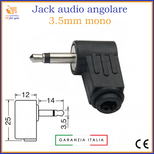 Spina jack 3.5mm mono angolare 90 gradi per saldatura.