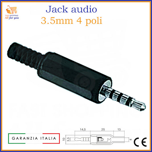 Spina Jack audio 3.5mm 4 poli (TRRS) maschio nera con corpo in plastica, guidacavo e terminali a saldare, mostrata con schema tecnico delle dimensioni.