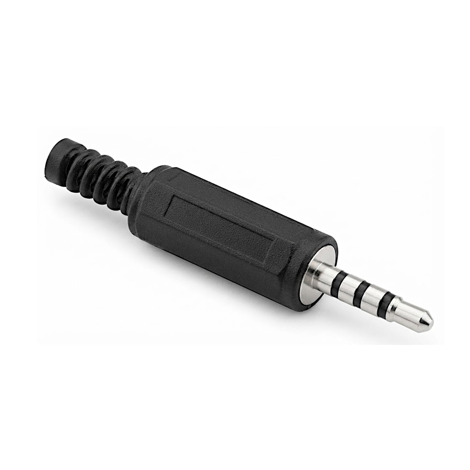 Spina jack audio 3.5mm a 4 poli TRRS maschio volante con corpo in metallo, cappuccio in plastica e guidacavo integrato, ideale per cuffie con microfono e smartphone.