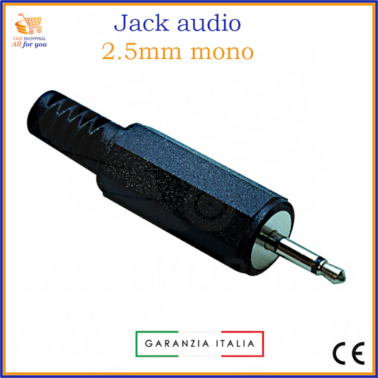 Spina Jack audio mono 2.5mm maschio nera con corpo in plastica, guidacavo e terminali a saldare, pronta per la saldatura del cavo.