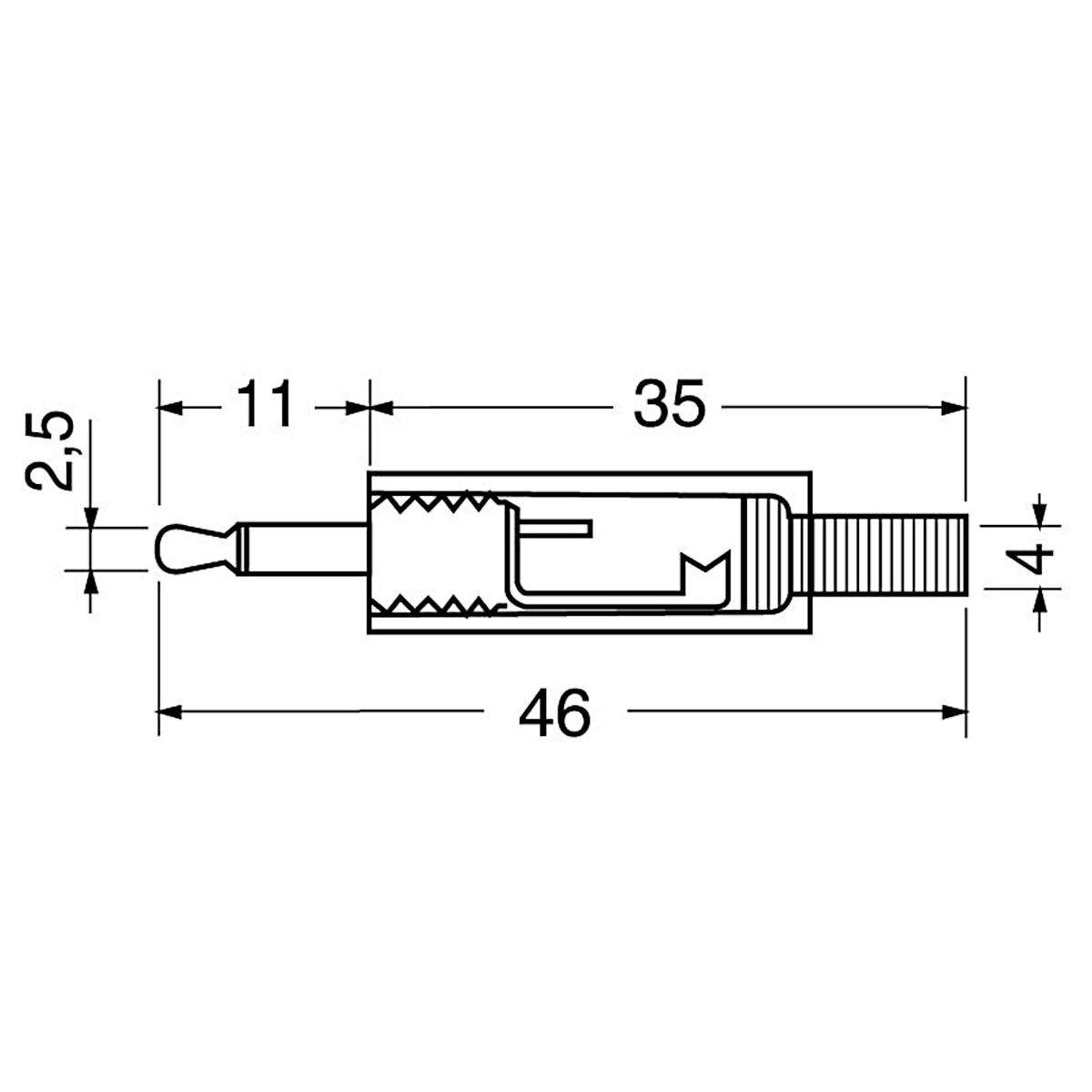 Schema tecnico con quote e dimensioni della spina jack audio mono 2.5mm volante con guidacavo