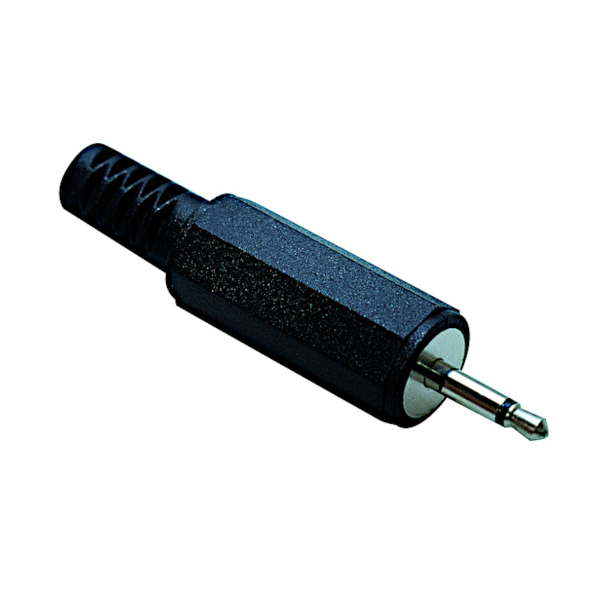Spina jack audio mono 2.5mm volante con corpo in metallo, cappuccio in plastica e guidacavo integrato