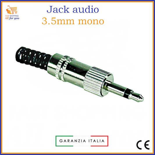 Spina Jack audio mono 3.5mm maschio interamente in metallo con guidacavo, lucida, pronta per la saldatura del cavo.