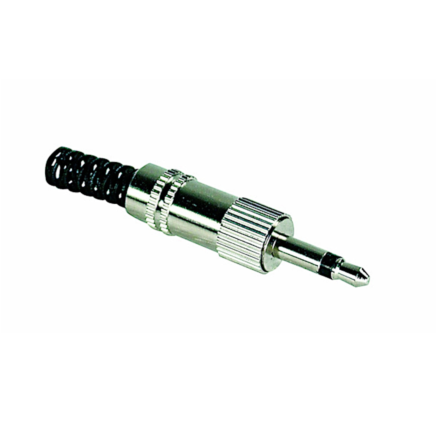 Spina jack audio mono 3.5mm maschio volante interamente metallica con guidacavo integrato, ideale per strumenti musicali e microfoni.