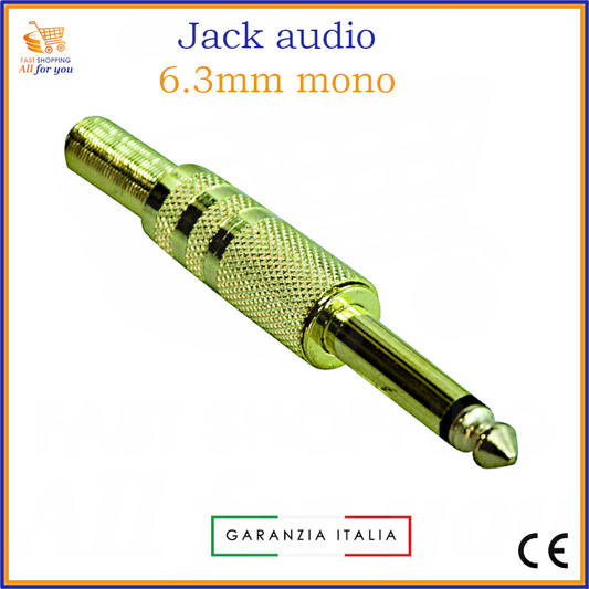 Spina Jack audio mono 6.3mm maschio interamente in metallo dorato con superficie zigrinata e guidacavo, pronta per la saldatura del cavo.
