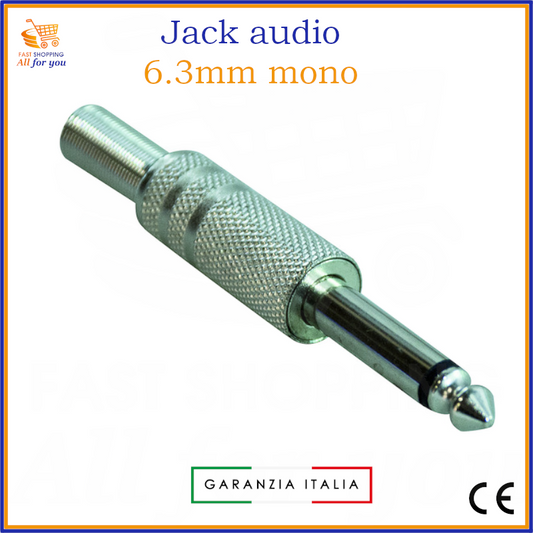 Spina Jack audio mono 6.3mm maschio interamente in metallo con superficie zigrinata e guidacavo, lucida, pronta per la saldatura del cavo.