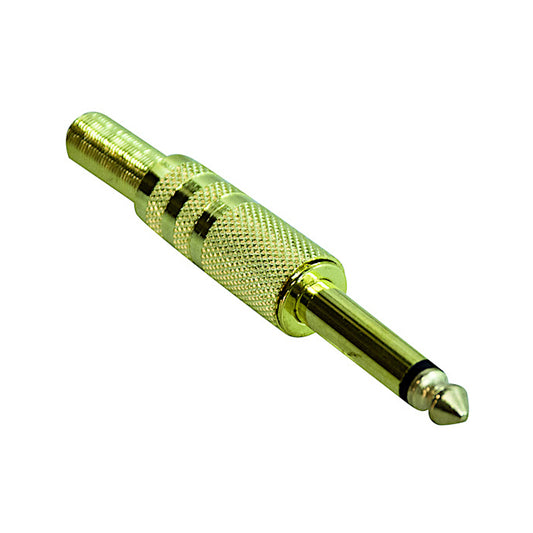 Spina jack audio mono 6.3mm maschio volante con finitura dorata, corpo in metallo e guidacavo integrato, ideale per strumenti musicali e impianti audio professionali.