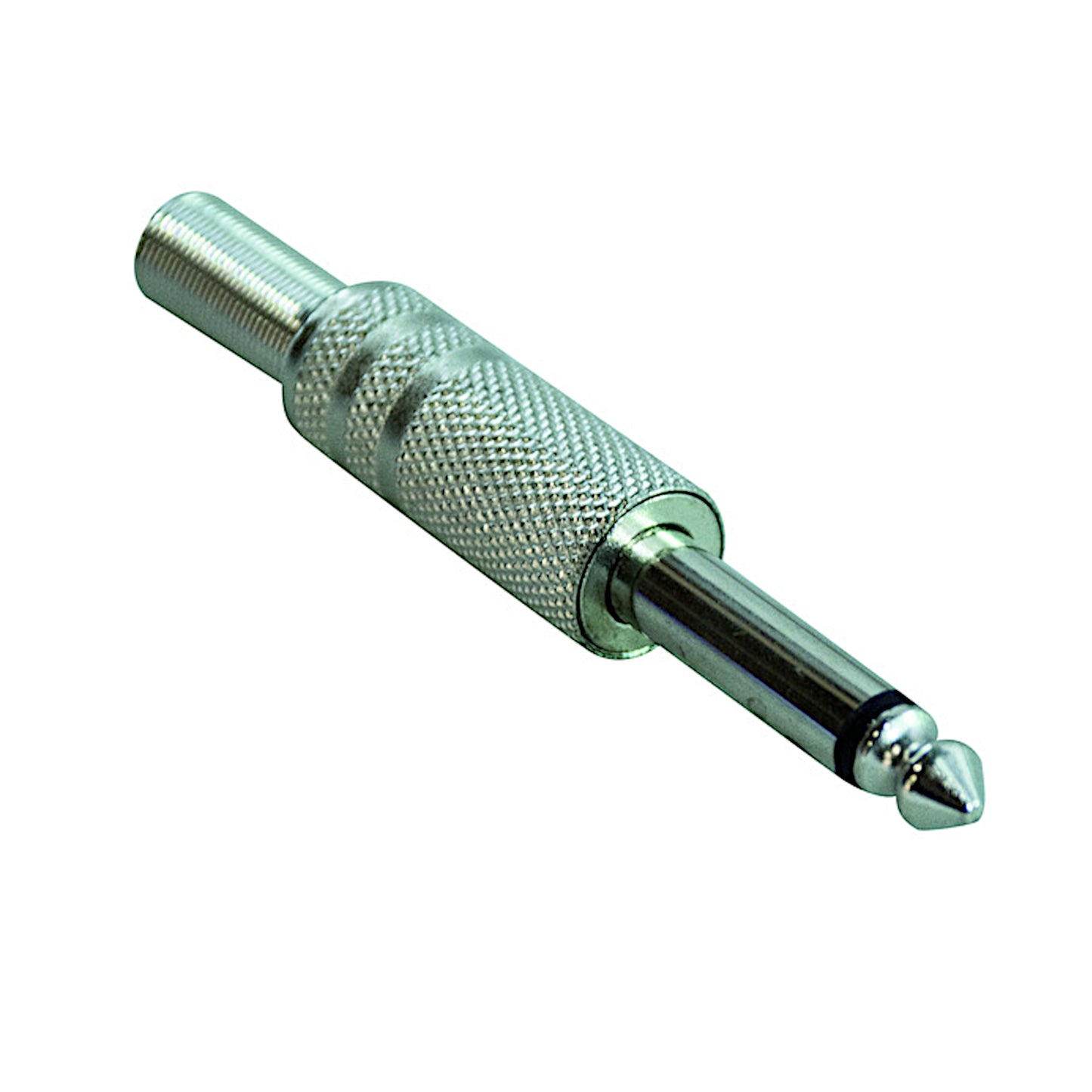 Spina jack audio mono 6.3mm maschio volante interamente in metallo con guidacavo integrato, ideale per chitarre, bassi e strumenti musicali professionali.