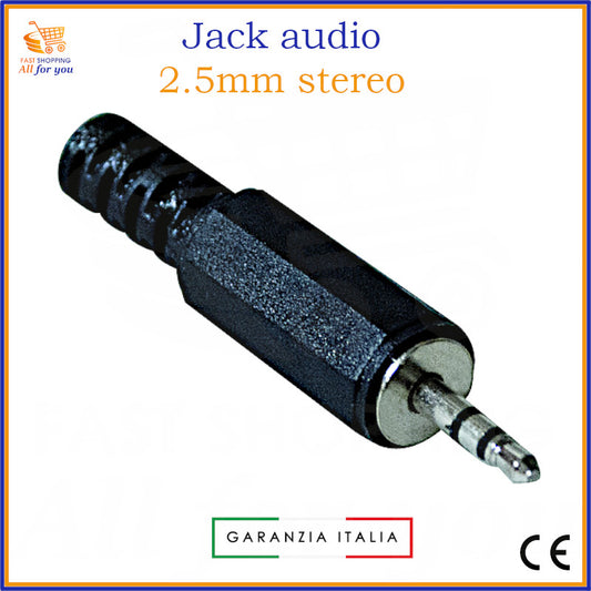 Spina Jack audio stereo 2.5mm maschio nera con corpo in plastica, guidacavo e terminali a saldare, pronta per la saldatura del cavo.