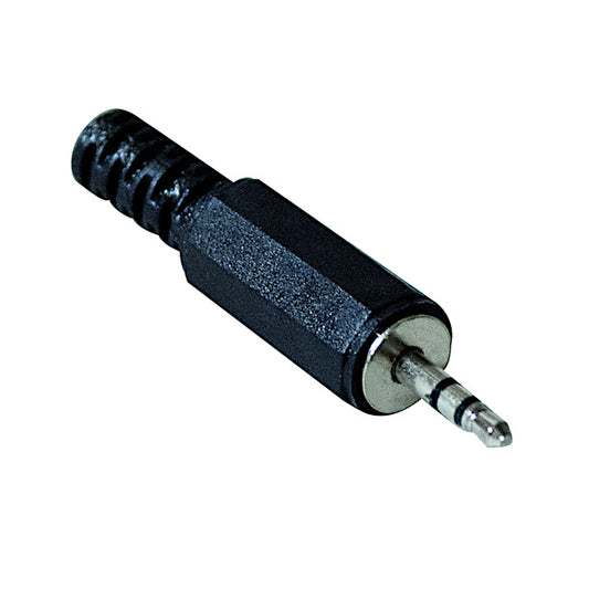 Spina jack audio stereo 2.5mm maschio volante con corpo in metallo, cappuccio in plastica e guidacavo integrato, ideale per cuffie, microfoni lavalier e dispositivi portatili.