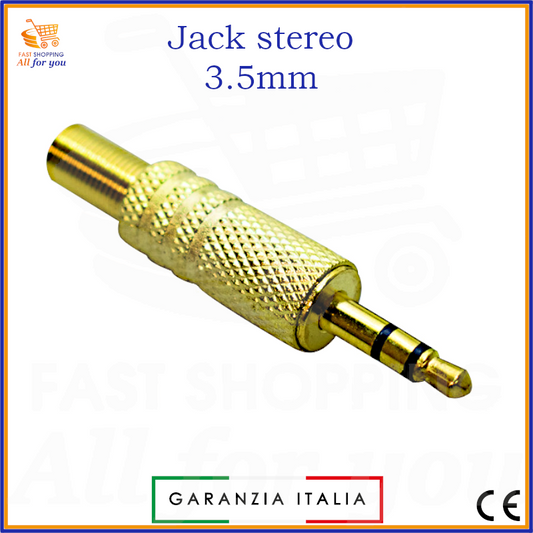 Spina Jack audio stereo 3.5mm maschio interamente in metallo dorato con superficie zigrinata e guidacavo, pronta per la saldatura del cavo.