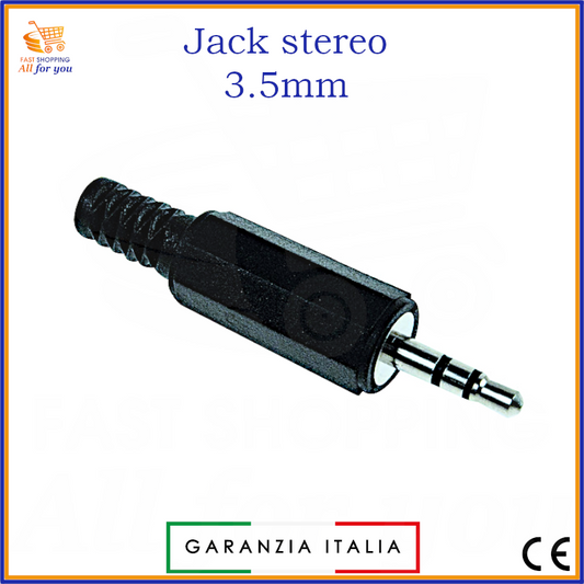 Spina Jack audio stereo 3.5mm maschio nera con corpo in plastica, guidacavo e terminali a saldare, mostrata in prospettiva.