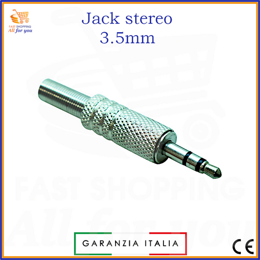 Spina Jack audio stereo 3.5mm maschio in metallo nichelato con superficie zigrinata e guidacavo, pronta per la saldatura del cavo.