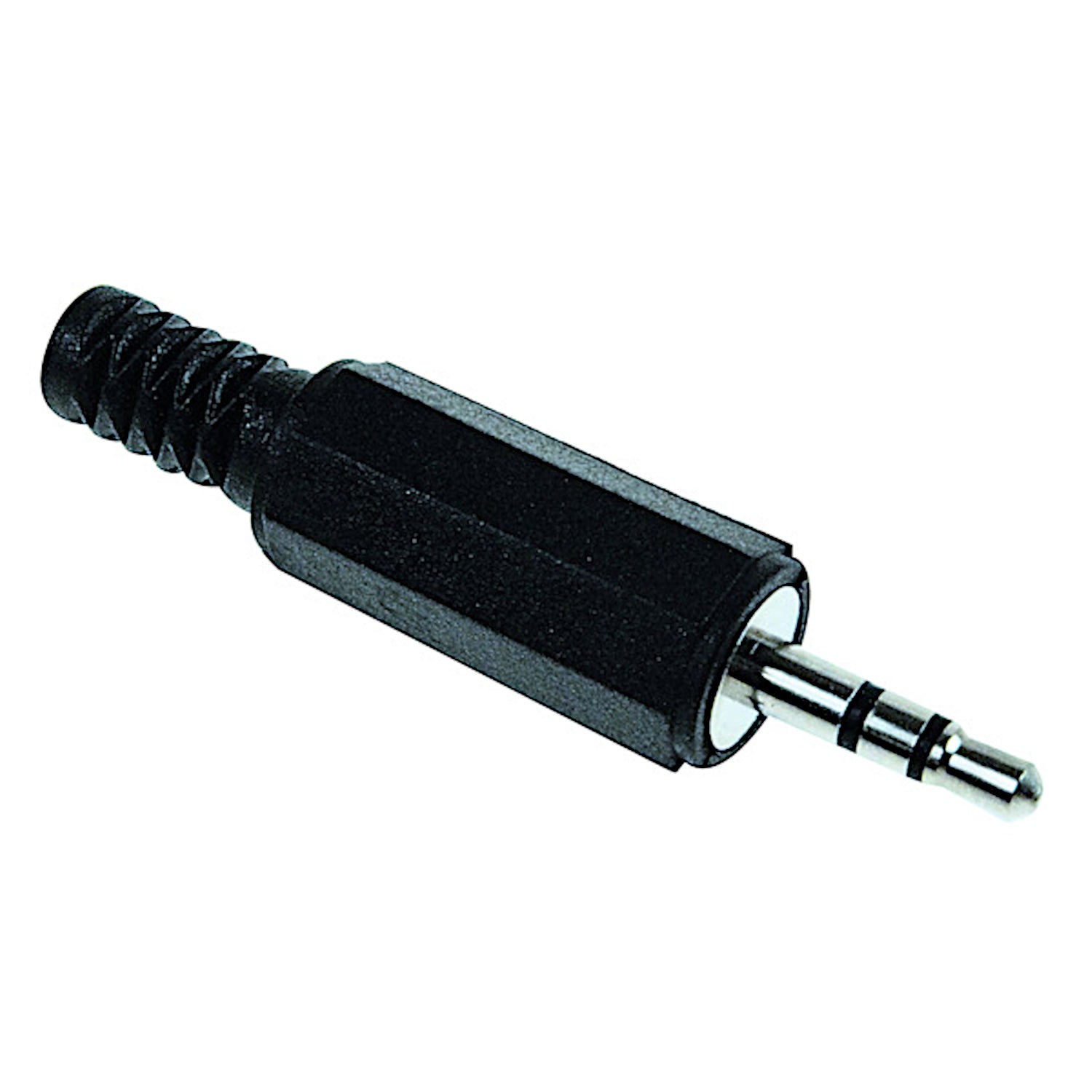 Spina jack audio stereo 3.5mm maschio volante con corpo in metallo, cappuccio in plastica e guidacavo integrato, ideale per cuffie, smartphone e dispositivi audio.
