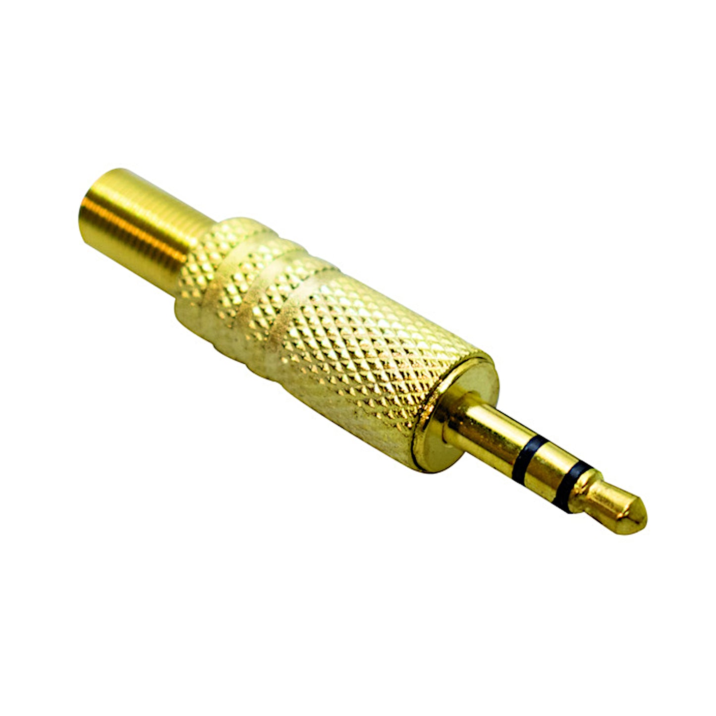 Spina jack audio stereo 3.5mm maschio volante con finitura dorata e guidacavo integrato in metallo, ideale per cuffie e dispositivi audio ad alta fedeltà.
