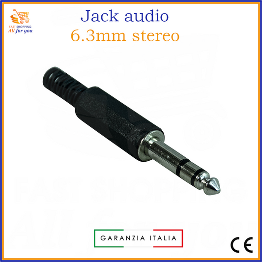 Spina Jack audio stereo 6.3mm maschio nera con corpo in metallo, cappuccio in plastica e guidacavo, pronta per la saldatura del cavo.
