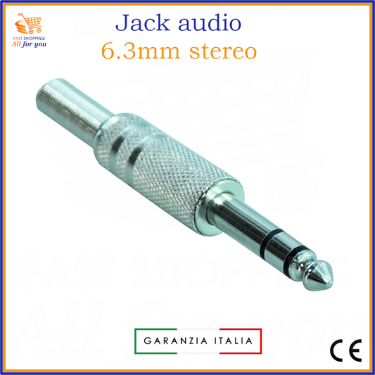 Spina Jack audio stereo 6.3mm maschio interamente in metallo con superficie zigrinata e guidacavo, lucida, pronta per la saldatura del cavo.
