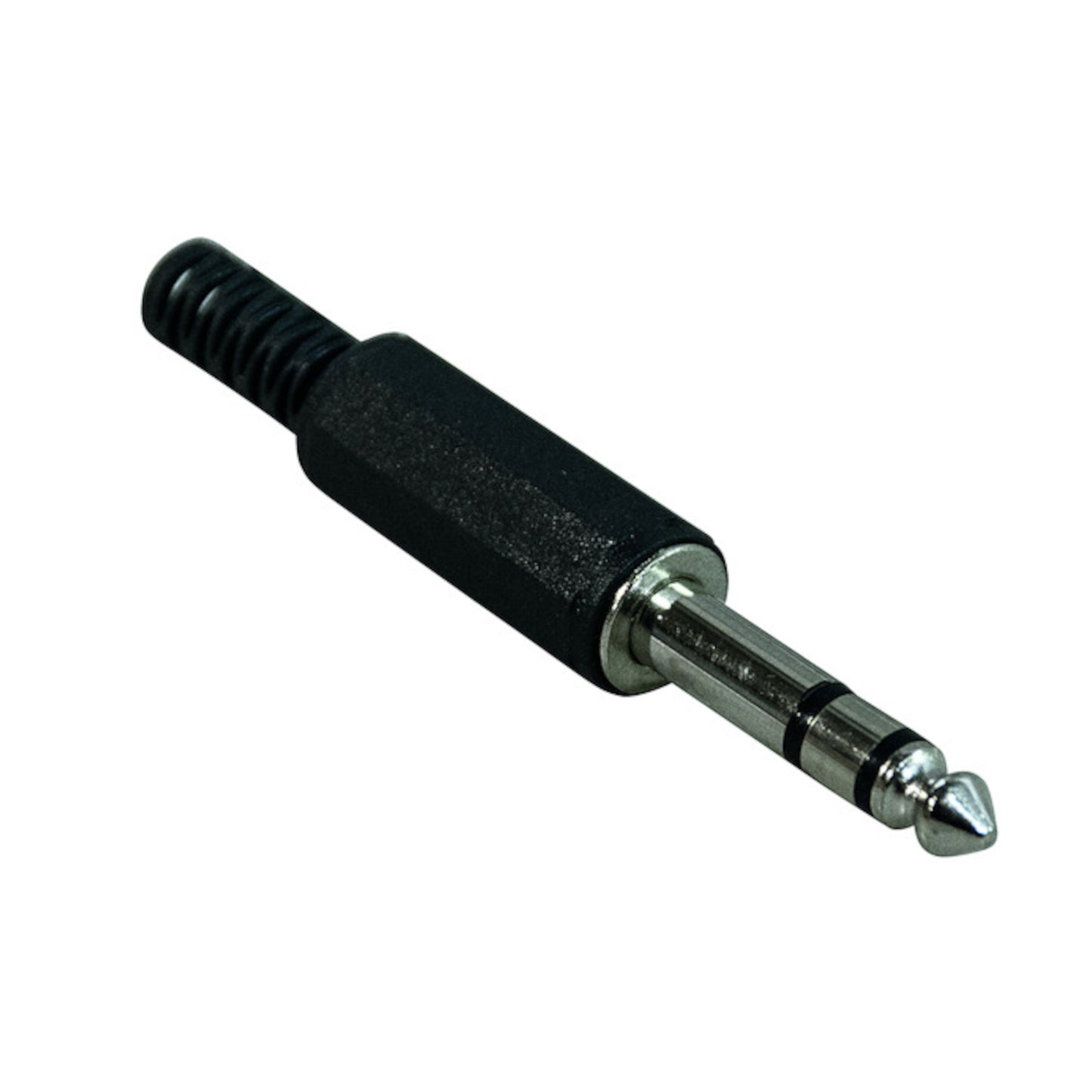 Spina jack audio stereo 6.3mm maschio volante con corpo in metallo, cappuccio in plastica e guidacavo integrato, ideale per cuffie e strumenti musicali.