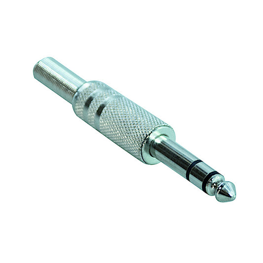 Spina jack audio stereo 6.3mm maschio volante interamente in metallo con guidacavo integrato, ideale per strumenti musicali, mixer e apparecchiature audio professionali.