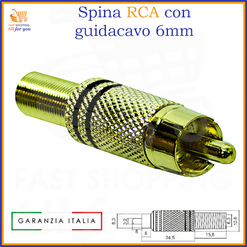 Spinotto RCA maschio dorato nero con guidacavo 6mm per audio video