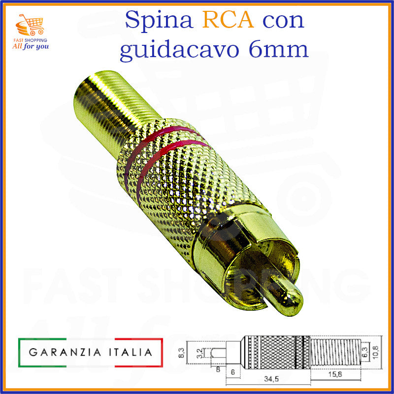 Spinotto RCA maschio rosso dorato con guidacavo 6mm