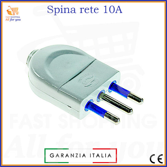 Spina elettrica volante bianca 10A+T tipo S11, con tre poli e morsetti a vite. Visibile la Garanzia Italia.