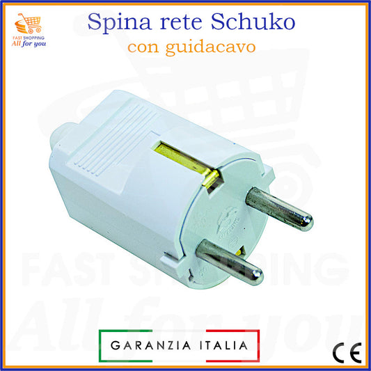 Spina elettrica Schuko volante bianca con guidacavo integrato e morsetti a vite. Visibile la Garanzia Italia.
