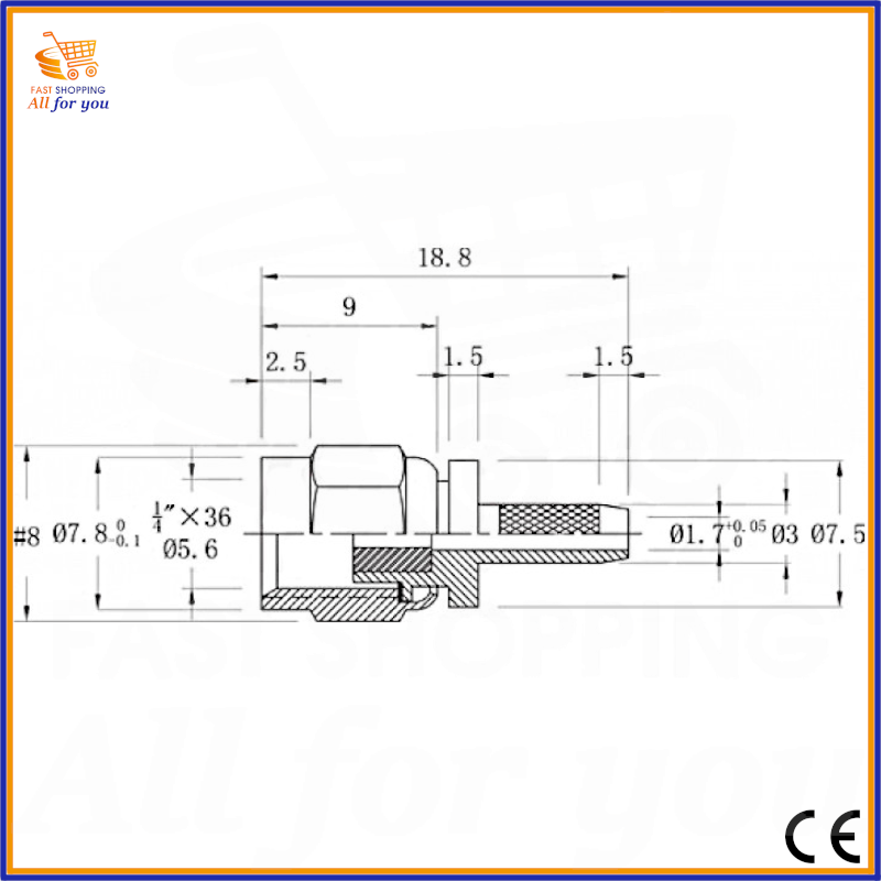 Disegno tecnico dettagliato con dimensioni e schema di montaggio per la spina SMA a crimpare per cavi RG174 e RG316.