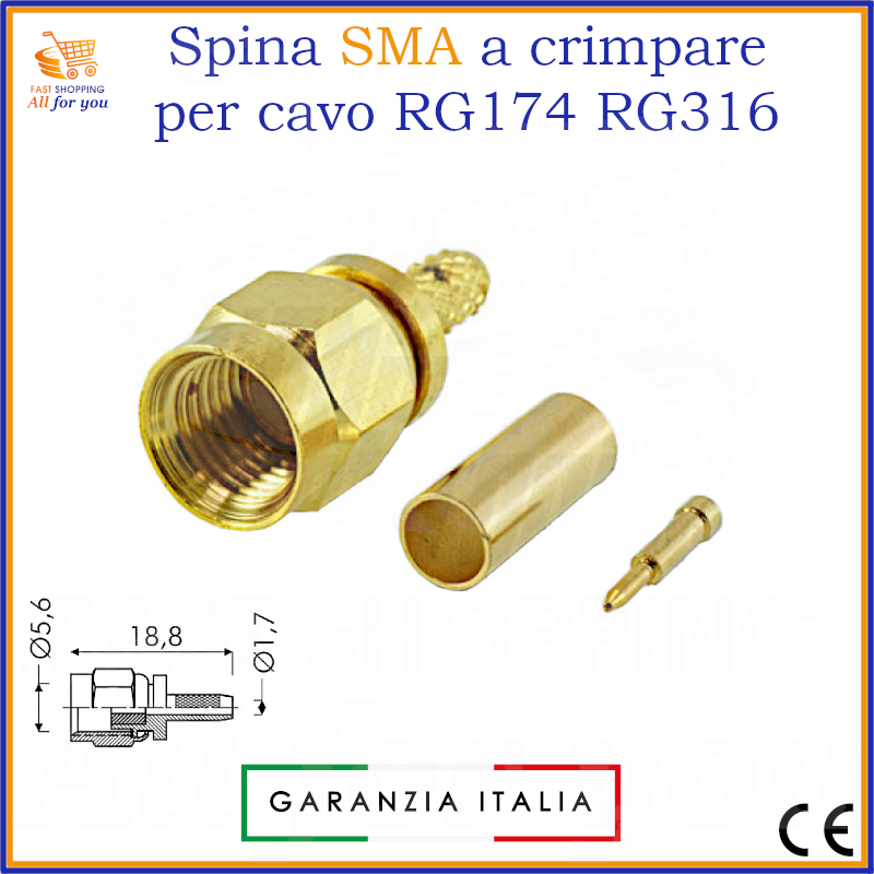Spina SMA maschio a crimpare in ottone placcato oro, con componenti per assemblaggio su cavo RG174 o RG316. Include disegno tecnico con dimensioni.
