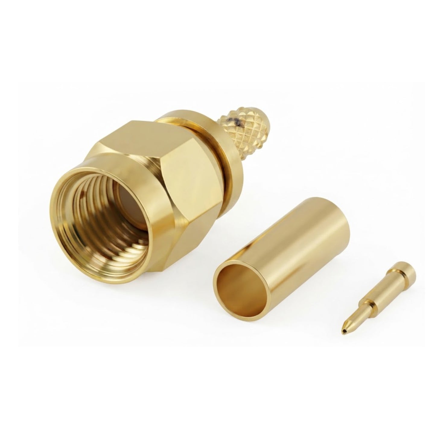 Spina SMA maschio a crimpare in ottone placcato oro per cavi coassiali RG174 e RG316, ideale per applicazioni RF, Wi-Fi e GPS.