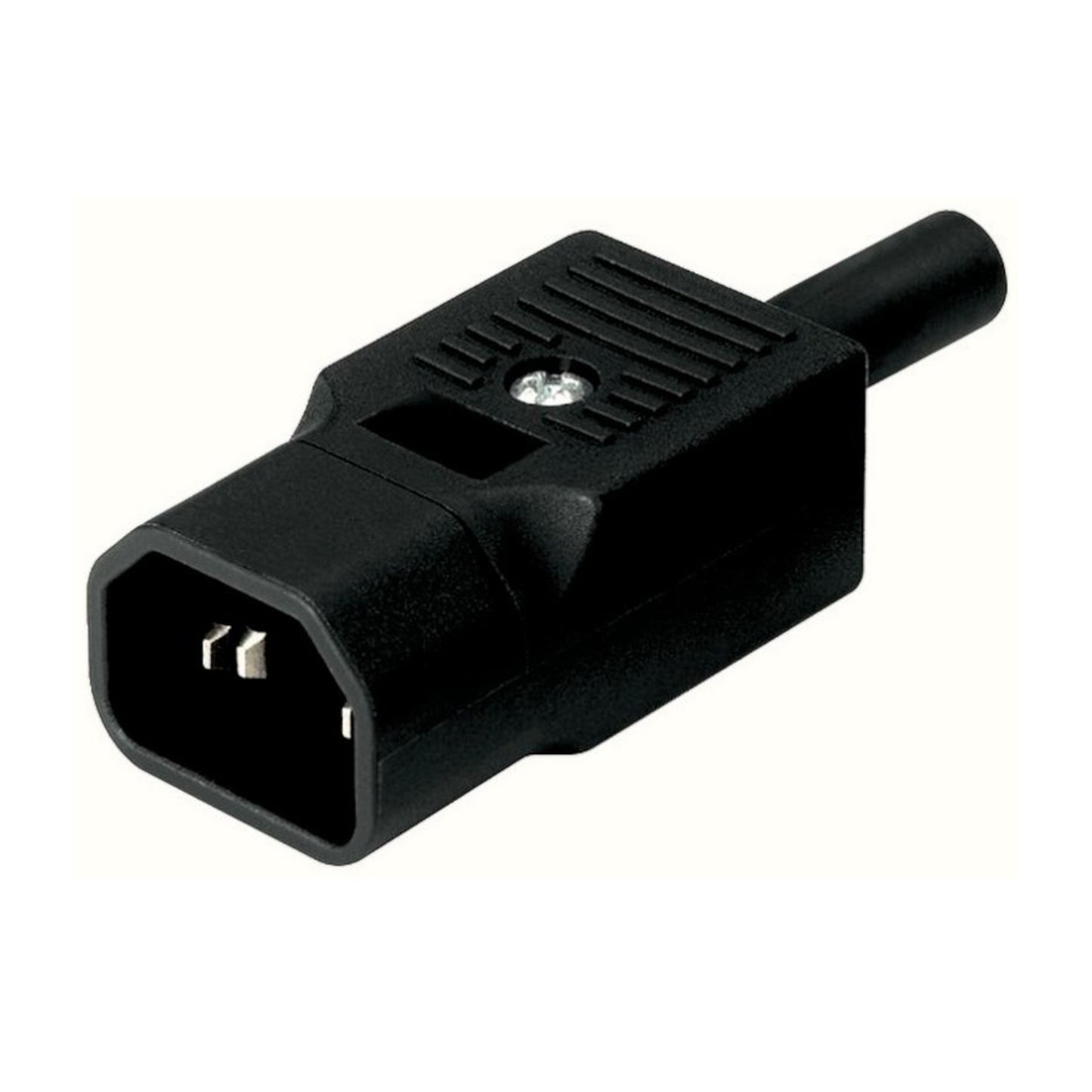 Spina tripolare C14 volante maschio 10A 250V con corpo nero in nylon autoestinguente, ideale per cavi di alimentazione di PC, monitor e stampanti.