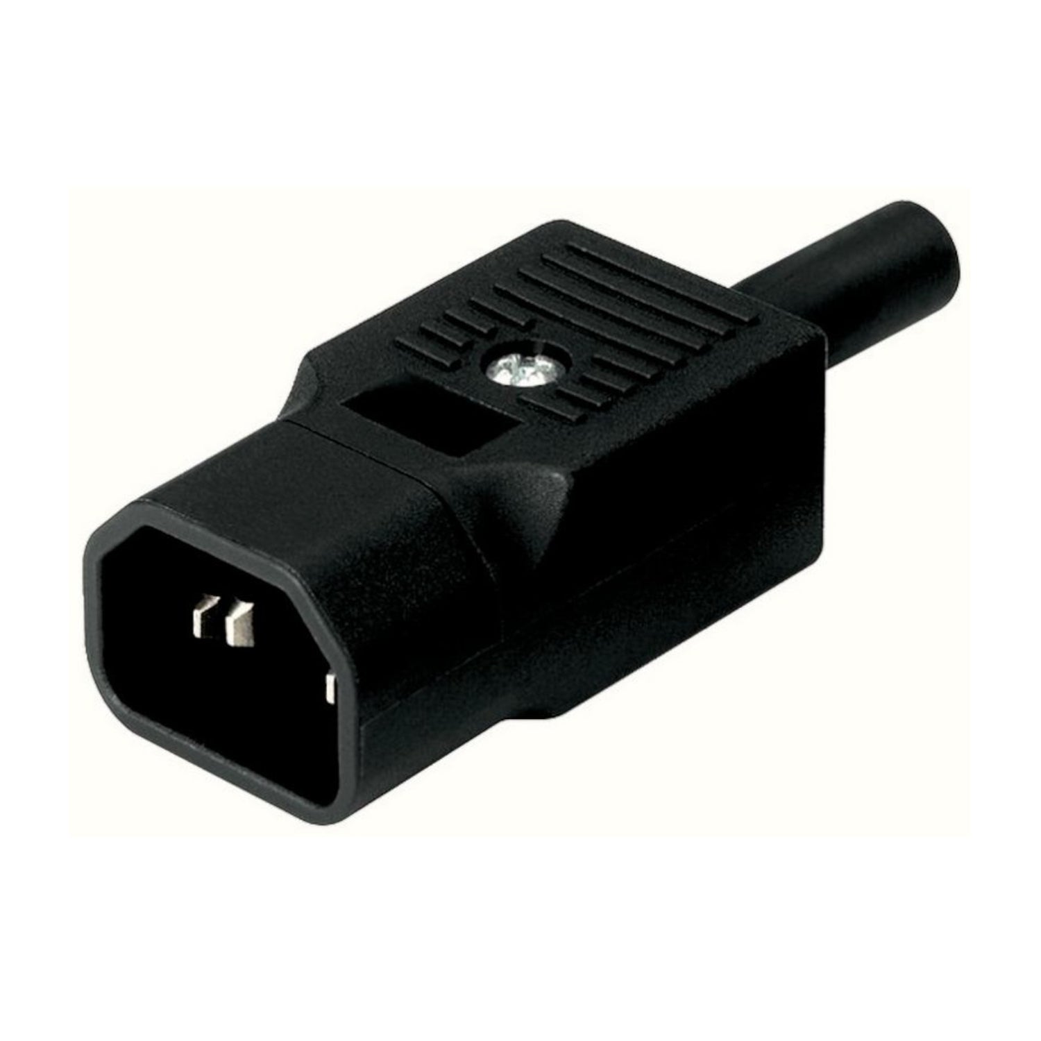 Spina tripolare C14 volante maschio 10A 250V con corpo nero in nylon autoestinguente, ideale per cavi di alimentazione di PC, monitor e stampanti.
