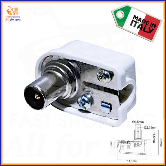 Spina TV coassiale 75 Ohm angolare colore bianco, diametro 9,5mm, Made in Italy