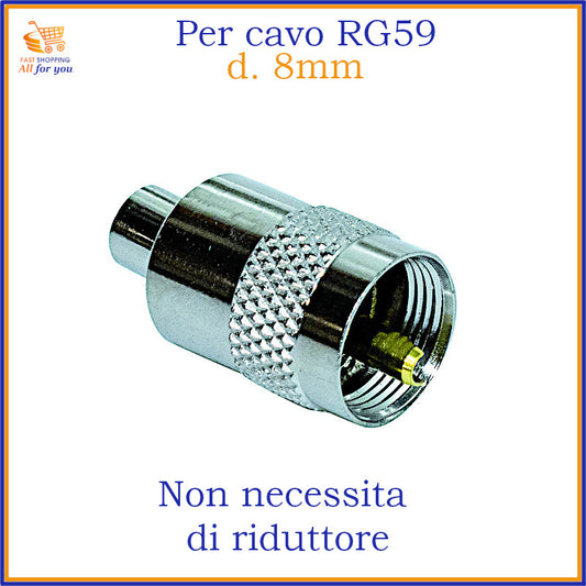 Spina UHF PL259 maschio in ottone nichelato, progettata per cavo RG59 (diametro 8mm nella figura), con pin centrale e cono per saldatura, senza necessità di riduttore.
