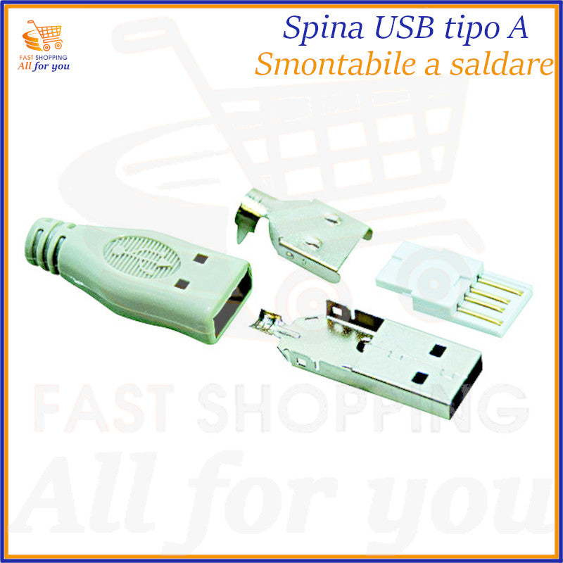 Kit di componenti per spina USB Tipo A maschio, mostrati separati per evidenziare i terminali a saldare e la custodia da assemblare.