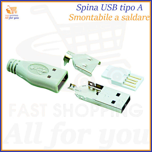 Kit di componenti per spina USB Tipo A maschio, mostrati separati per evidenziare i terminali a saldare e la custodia da assemblare.