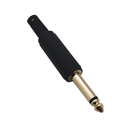 Spina volante jack audio 6.3mm mono professionale a 2 poli con corpo in PVC nero, isolamento in Delrin e guidacavo integrato, ideale per strumenti musicali e impianti audio.