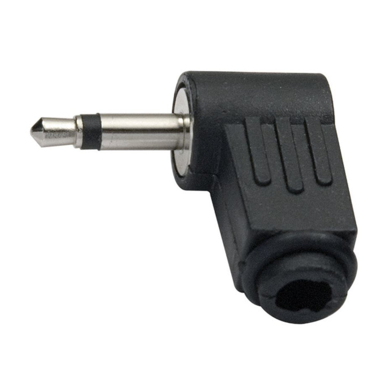 Spina volante jack 3.5mm mono a 2 poli con design angolare a 90° in PVC nero con terminali a saldare, ideale per connessioni audio in spazi ristretti.