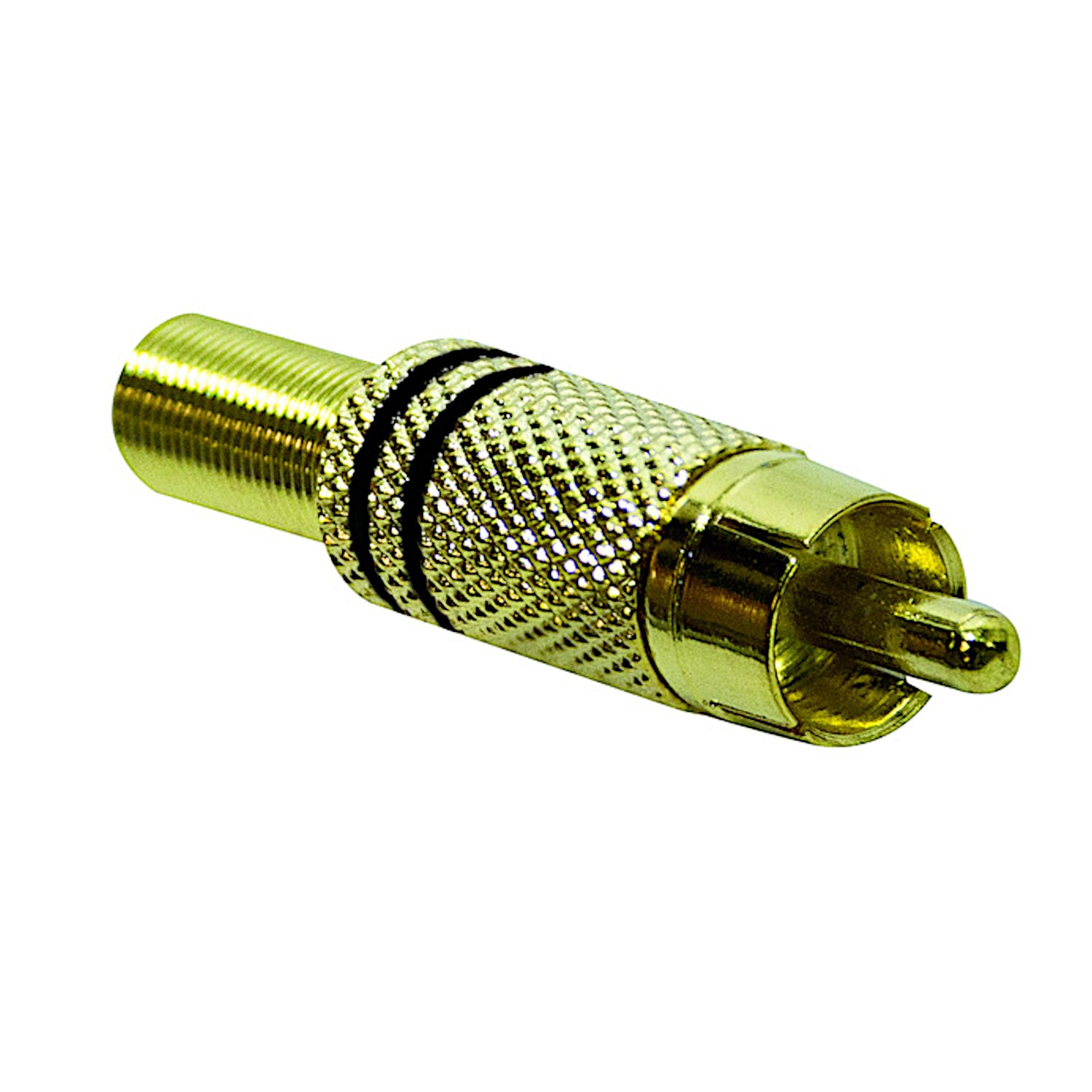 Spinotto RCA maschio volante in ottone con contatti dorati e guidacavo integrato per cavi fino a 6mm, ideale per impianti Hi-Fi e sistemi audio professionali.