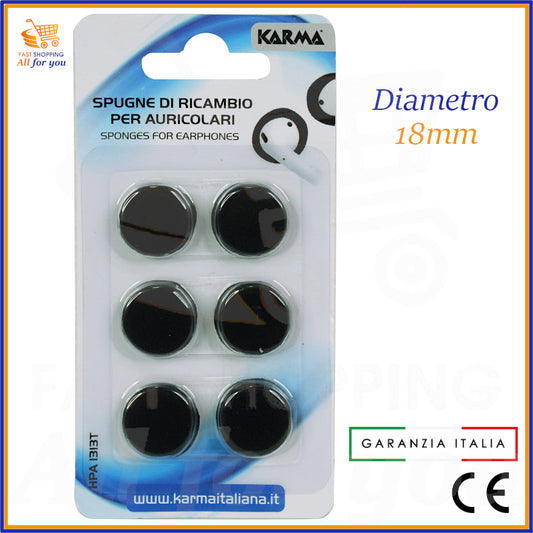 Set da 6 spugne di ricambio nere per auricolari diametro 18mm Karma