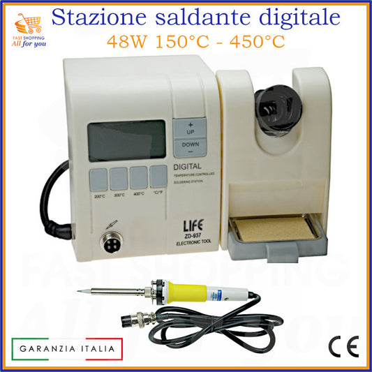 Stazione saldante digitale ZD-937 di colore bianco e grigio con display LCD e pulsanti di controllo. Include un saldatore a stilo giallo e nero collegato. Potenza 48W, temperatura da 150°C a 450°C. L'immagine include il logo 'FAST SHOPPING All for you', 'GARANZIA ITALIA' e il marchio CE.